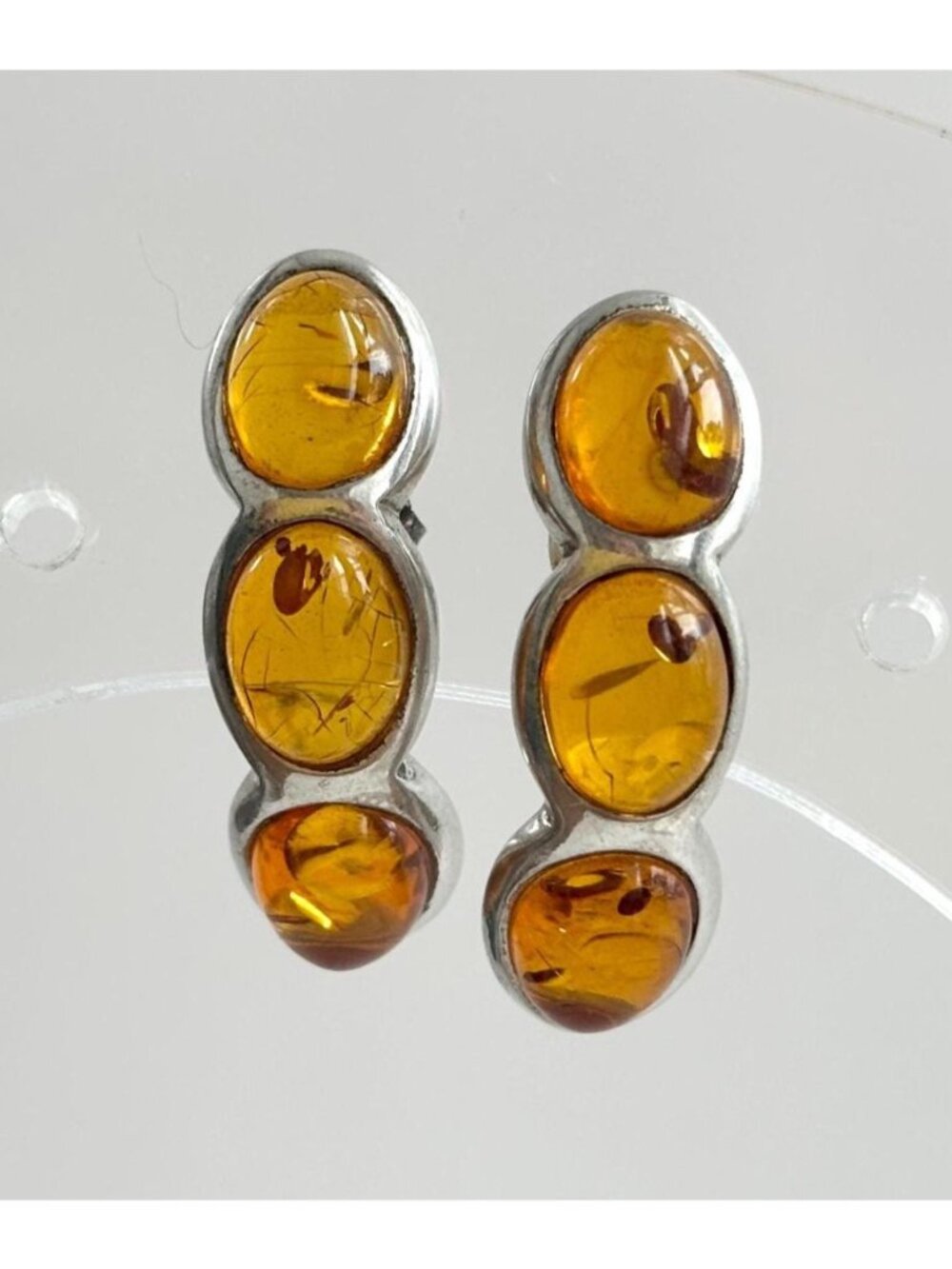 Natural Baltic Amber Triple Stone Sterling Silver 925 Post Back Vintage Earrings